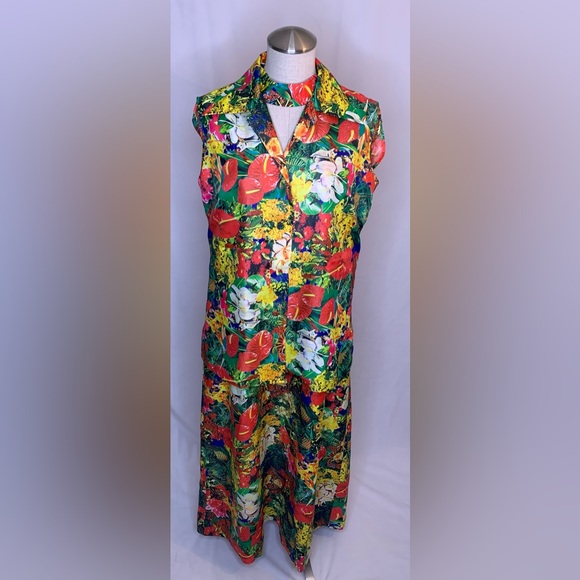Vintage Floral Maxi Dress XL colorful Hawaiian 2 piece set high neck cutout neck - Picture 6 of 16